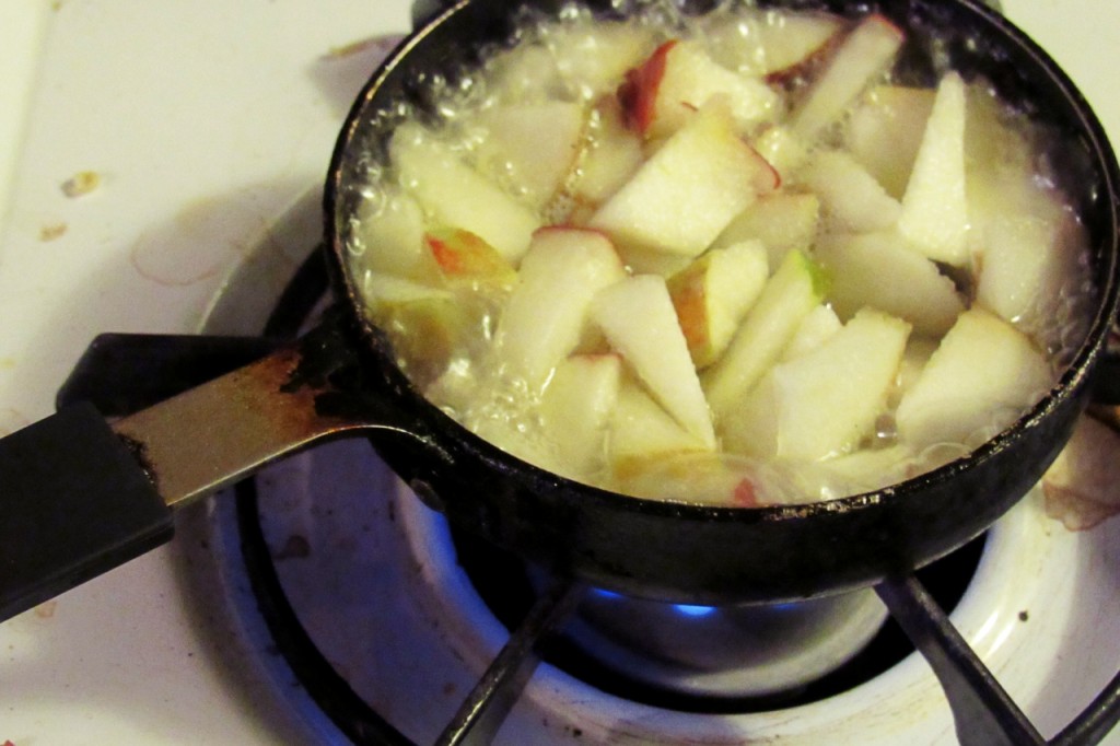 Preparo do recheio: maçã picada, água e açúcar.