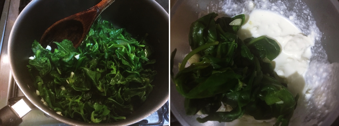 Foto da esquerda: espinafre sendo refogada no alho e azeite. Foto da direita: ricota, requeijão e espinafre no processador.