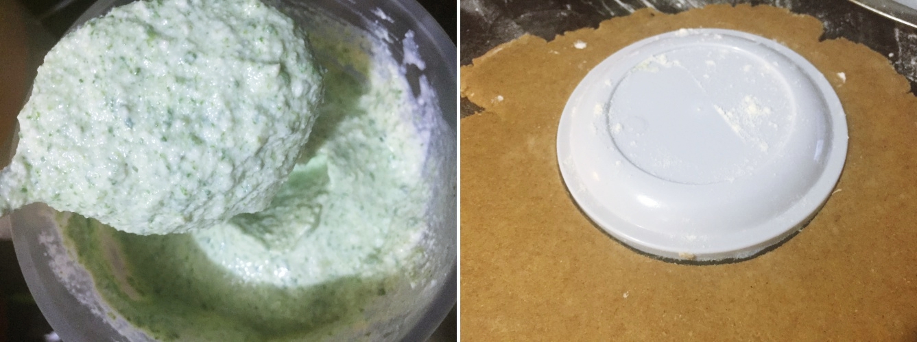 Foto da esquerda: pasta de espinafre e ricota pronta após processar os ingredientes no liquidificador. Foto da direita: massa podre aberta sendo cortada em círculos com uma tampa de vasilha (se não tiver um cortador, busque alternativas! rsrsrs). 